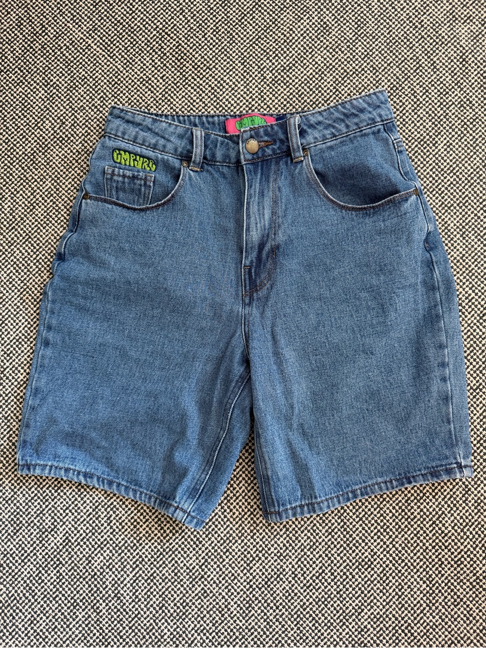 Empyre Blue Denim Mid-Rise Jean Shorts with Patch Detail